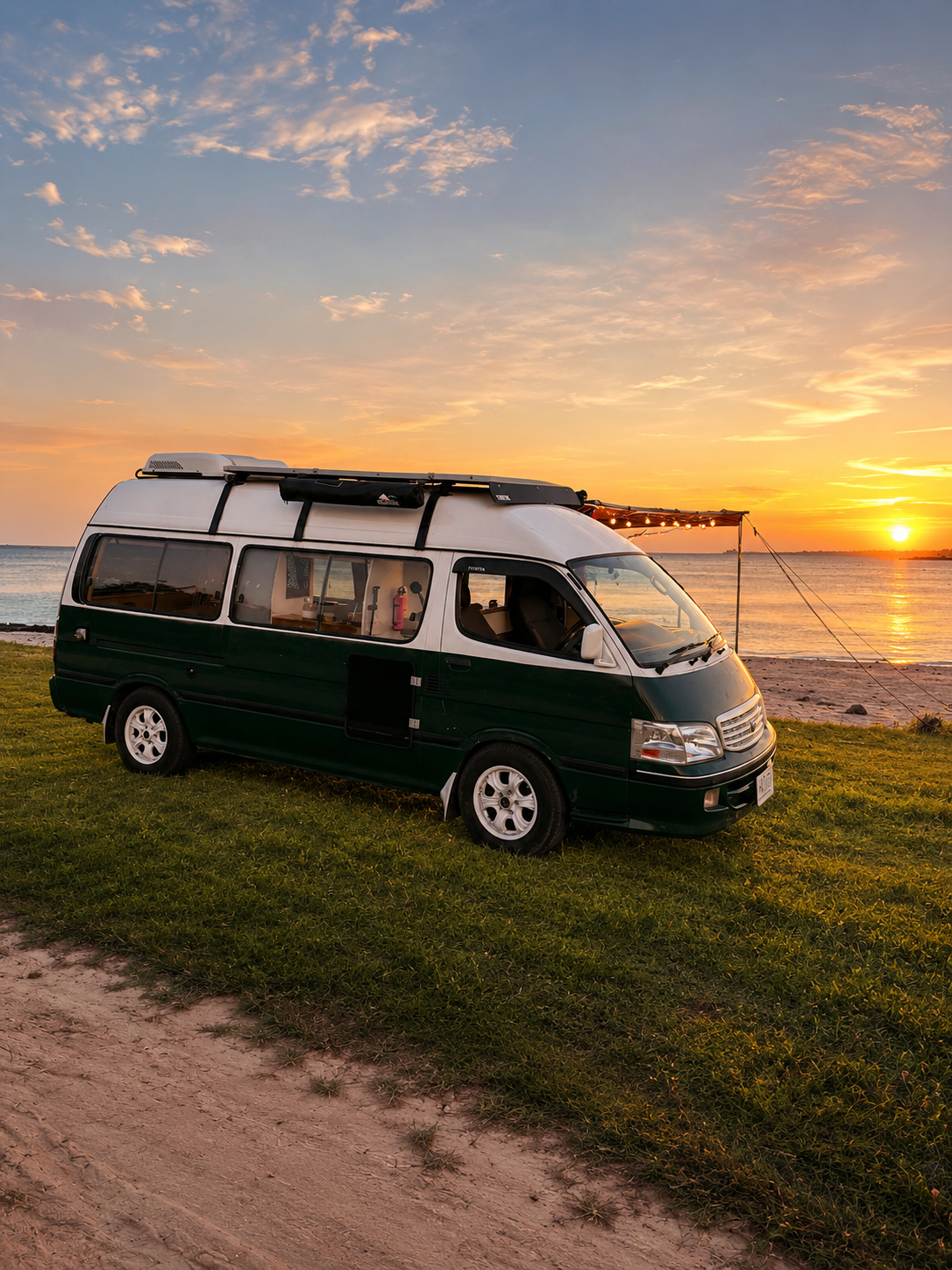 Camper side view at sunset