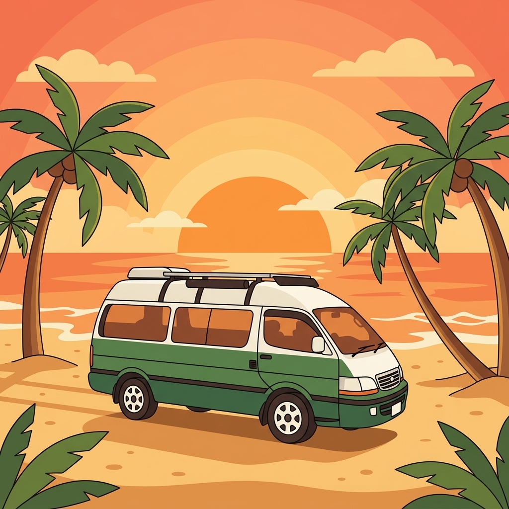 Retro campervan illustration at sunset